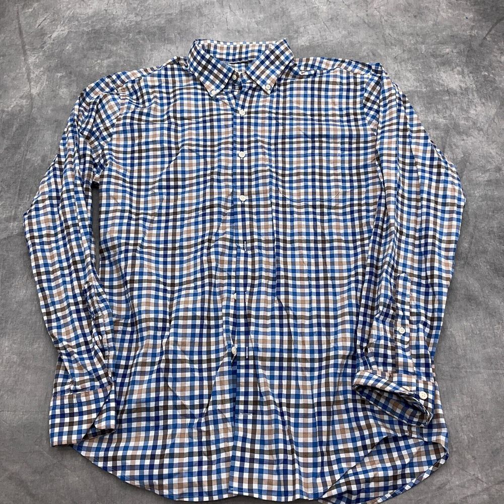 Peter Millar Shirt Men Large Blue Brown Gingham Windowpane Plaid OCBD Classic